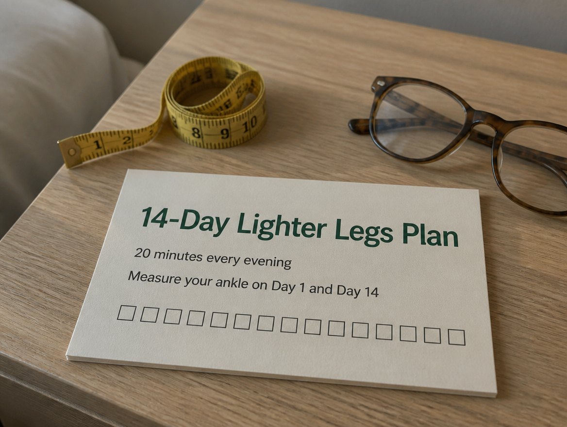 14-Day Lighter Legs Plan card with a tape measure and reading glasses